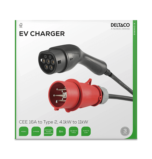 Deltaco e-Charge 11kW EV-laturi Type 2  | 6m kaapelilla | Voimavirta