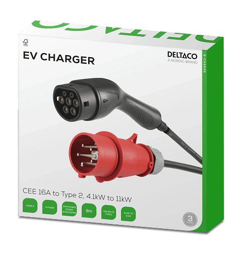 Deltaco e-Charge 11kW EV-laturi Type 2  | 6m kaapelilla | Voimavirta